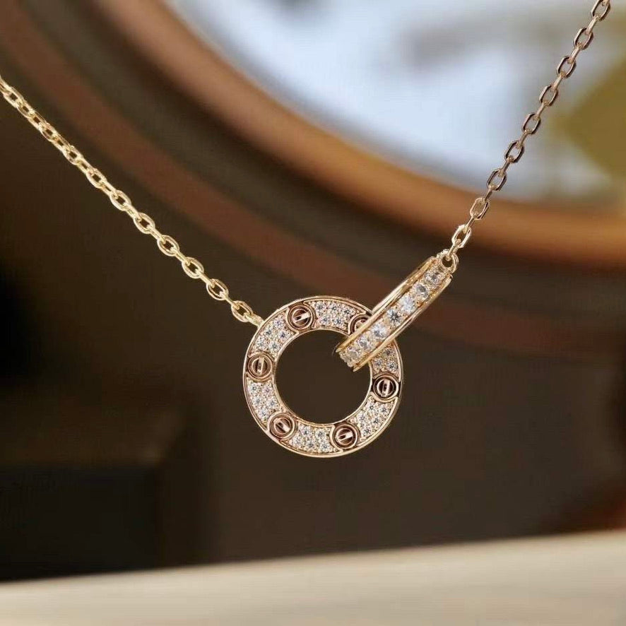 [⭐⭐JeweliWhal]LOVE 7.6MM NECKLACE ROSE GOLD AND SILVER  FULL DIAMOND
