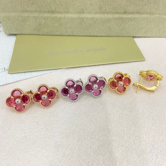 [⭐⭐JeweliWhal]2026 NEW  CLOVER 1 MOTIFPINK ENAMEL STUD EARRINGS WITH DIAMONDS2