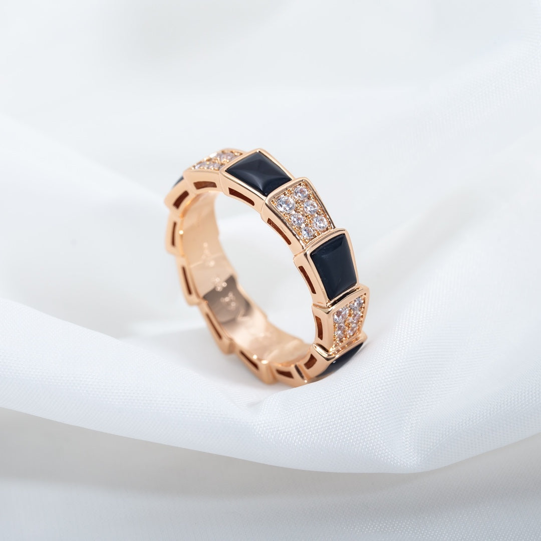 [⭐⭐JeweliWhal]SERPENTI RING PINK GOLD BLACK MOP DIAMOND PAVED 4MM
