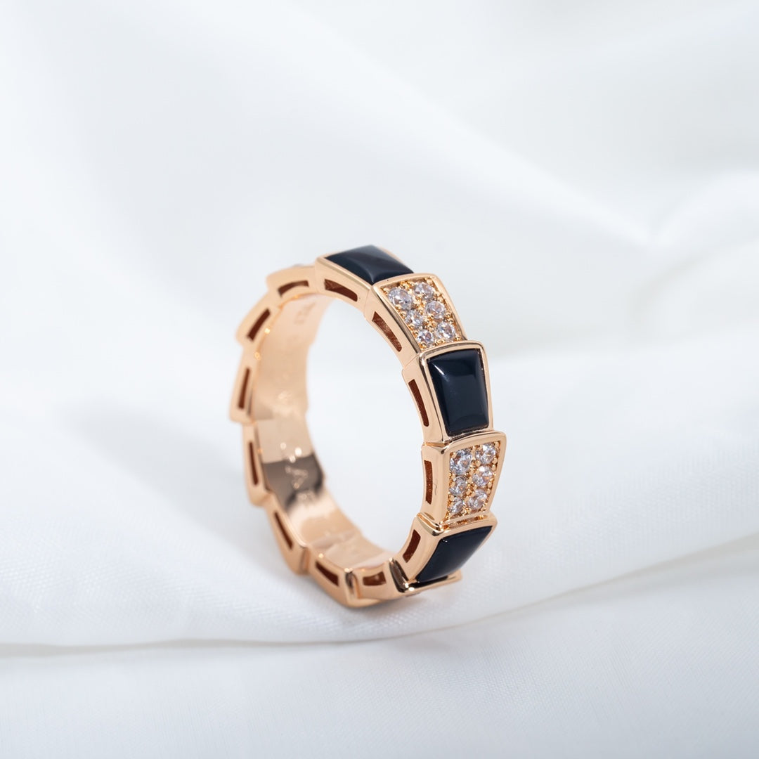 [⭐⭐JeweliWhal]SERPENTI RING PINK GOLD BLACK MOP DIAMOND PAVED 4MM