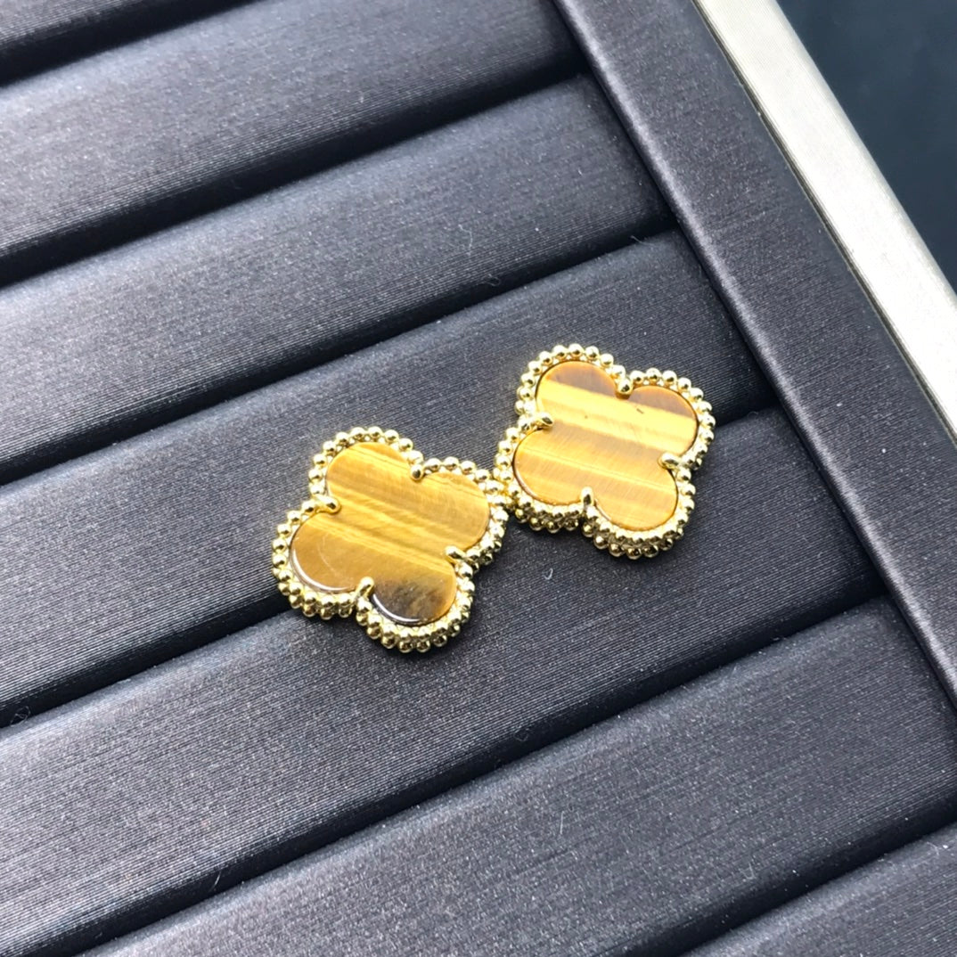 [⭐⭐JeweliWhal]クローバー ミディアム 1モチーフ タイガーアイ イヤリング
