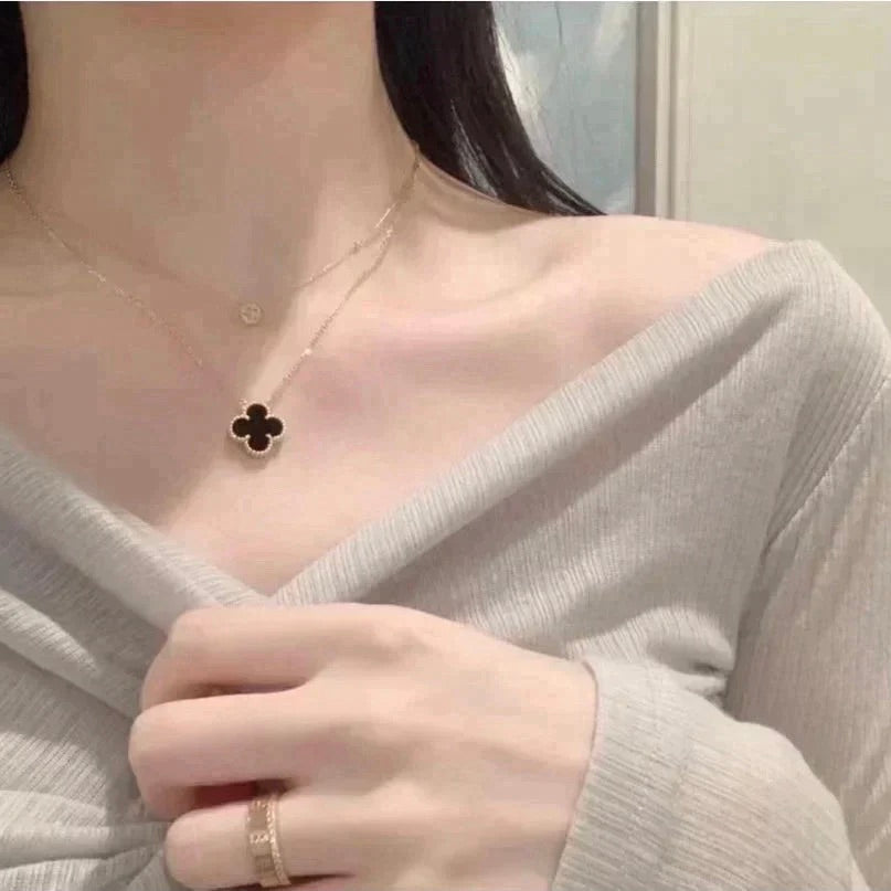 [⭐⭐JeweliWhal]CLOVER 15MM ブラックオニキス シングルフラワーネックレス