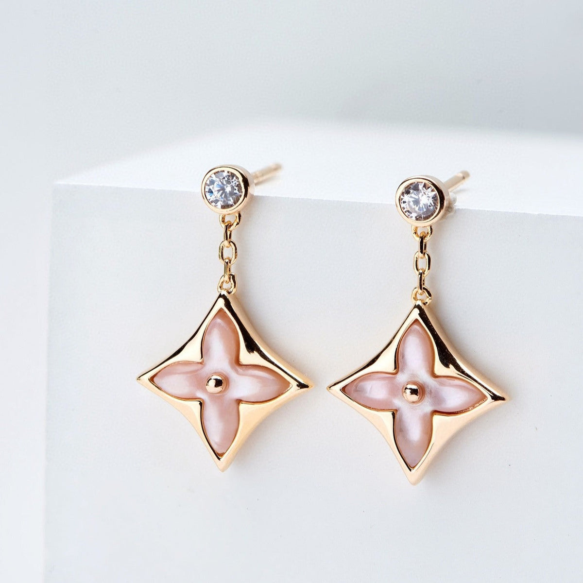 [⭐⭐JeweliWhal]DOUBLE STAR PINK GOLD MOP DROP EARRINGS
