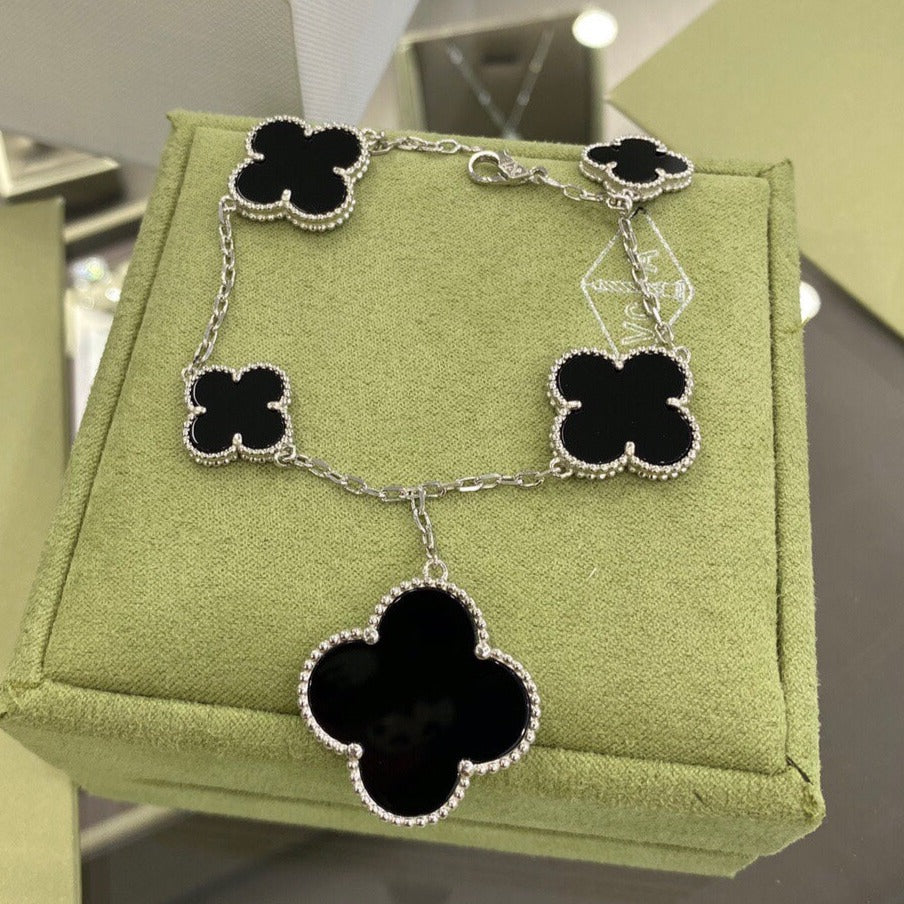 [⭐⭐JeweliWhal]CLOVER 5 MOTIFS SIVLER ONYX BRACELET