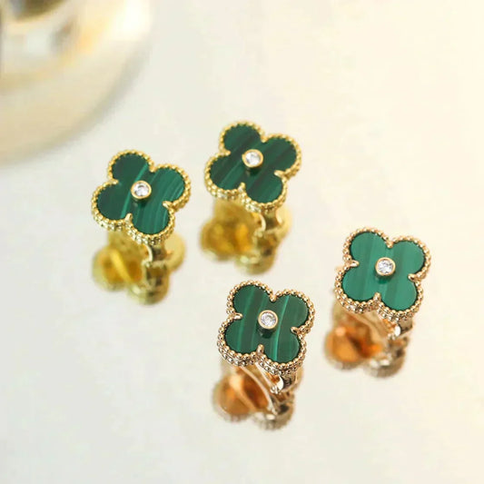 [⭐⭐JeweliWhal]CLOVER MEDIUM 1 MOTIFS MALACHITE DIAMOND EARRINGS