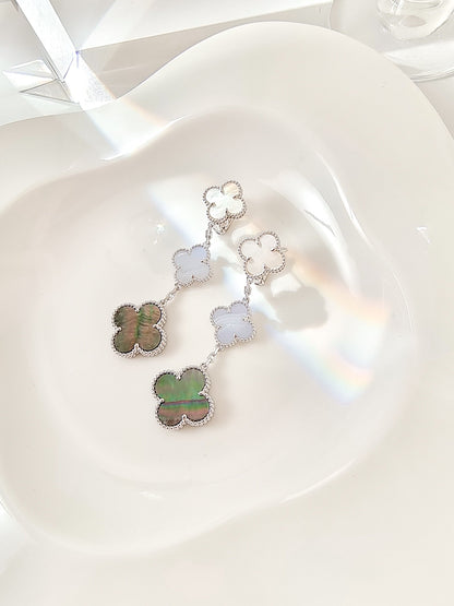 [⭐⭐JeweliWhal]CLOVER 3 MOTIFS CHALCEDONY DARK MOP SILVER EARRINGS