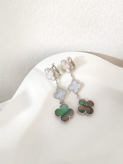 [⭐⭐JeweliWhal]CLOVER 3 MOTIFS CHALCEDONY DARK MOP SILVER EARRINGS