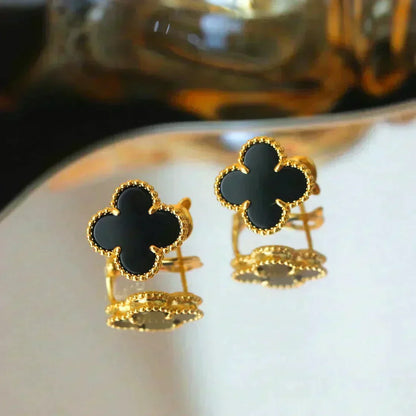 [⭐⭐JeweliWhal]CLOVER MEDIUM 1 MOTIFS  ONYX STUD EARRINGS