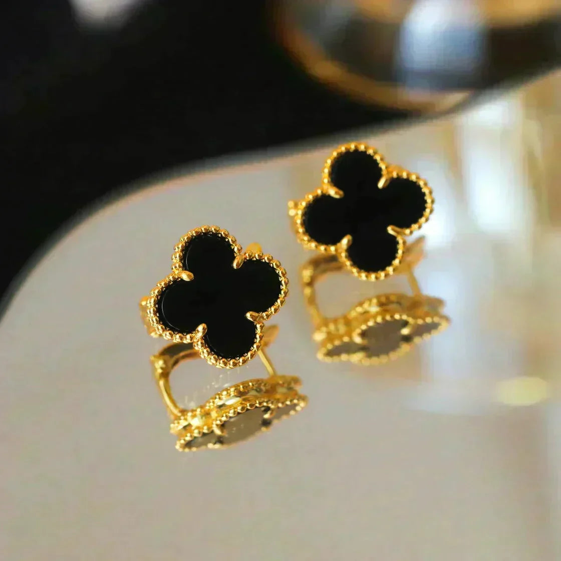 [⭐⭐JeweliWhal]CLOVER MEDIUM 1 MOTIFS  ONYX STUD EARRINGS