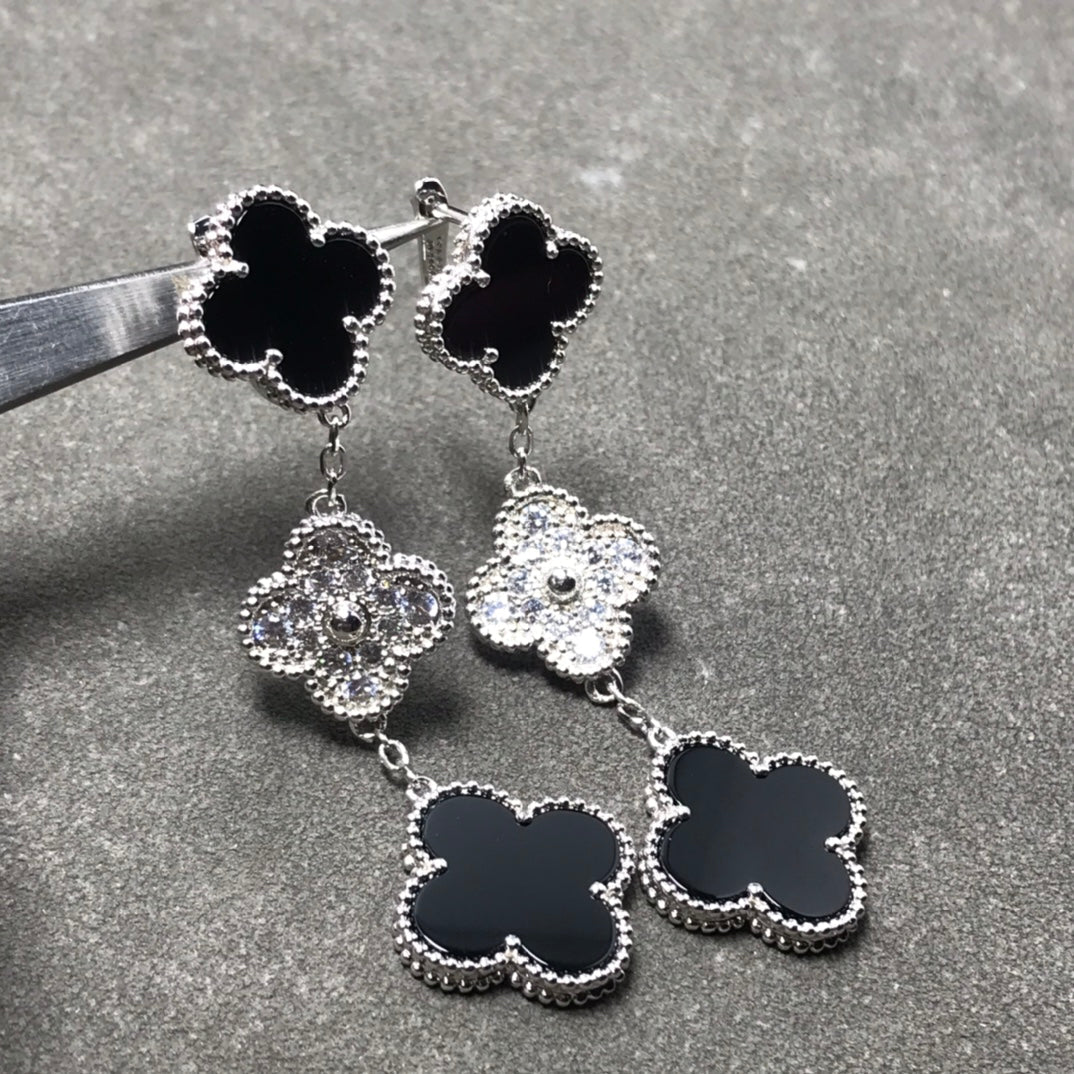 [⭐⭐JeweliWhal]CLOVER 3 MOTIF DIAMOND ONYX SILVER EARRINGS