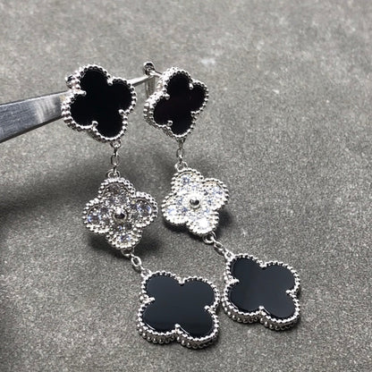 [⭐⭐JeweliWhal]CLOVER 3 MOTIF DIAMOND ONYX SILVER EARRINGS