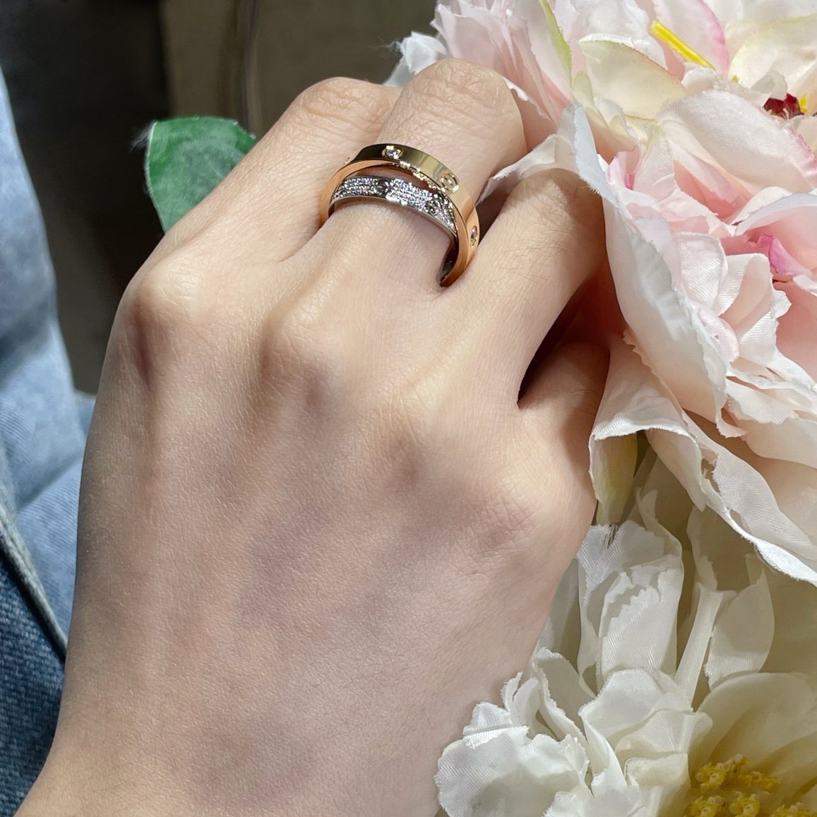 [⭐⭐JeweliWhal]LOVE PINK GOLD SILVER DIAMOND DOUBLE RING