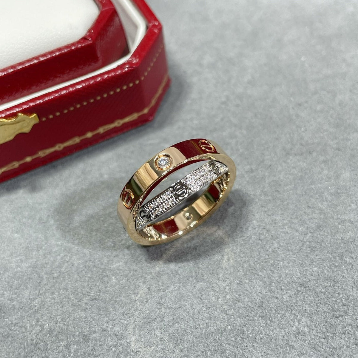 [⭐⭐JeweliWhal]LOVE PINK GOLD SILVER DIAMOND DOUBLE RING