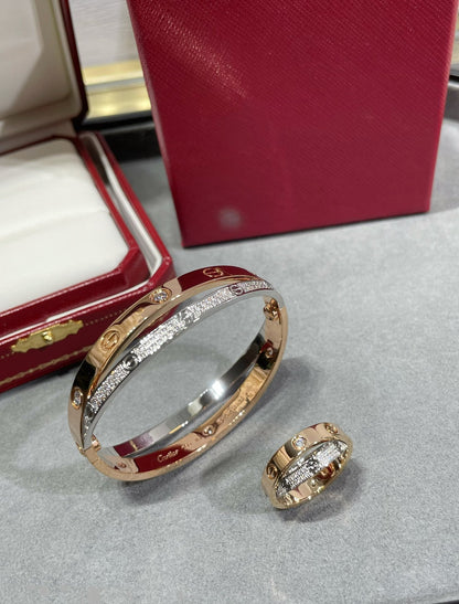 [⭐⭐JeweliWhal]LOVE PINK GOLD SILVER DIAMOND DOUBLE RING