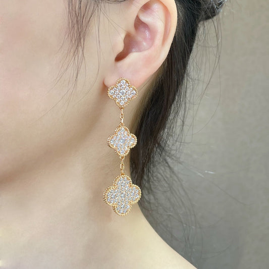 [⭐⭐JeweliWhal]CLOVER 3 MOTIFS DIAMOND PAVED ROSE GOLD EARRINGS