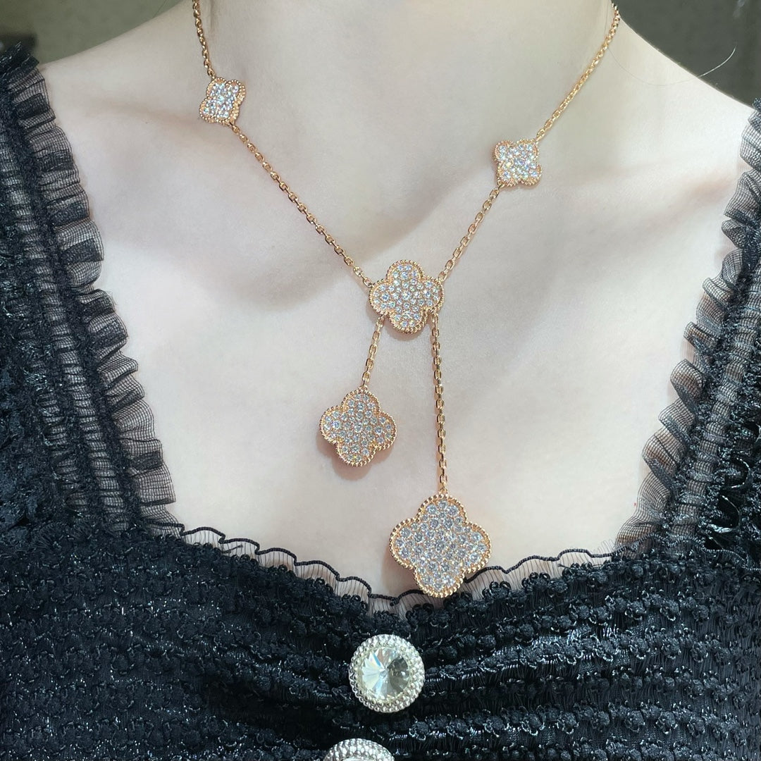 [⭐⭐JeweliWhal]CLOVER 6 MOTIF DIAMOND PAVED NECKLACE
