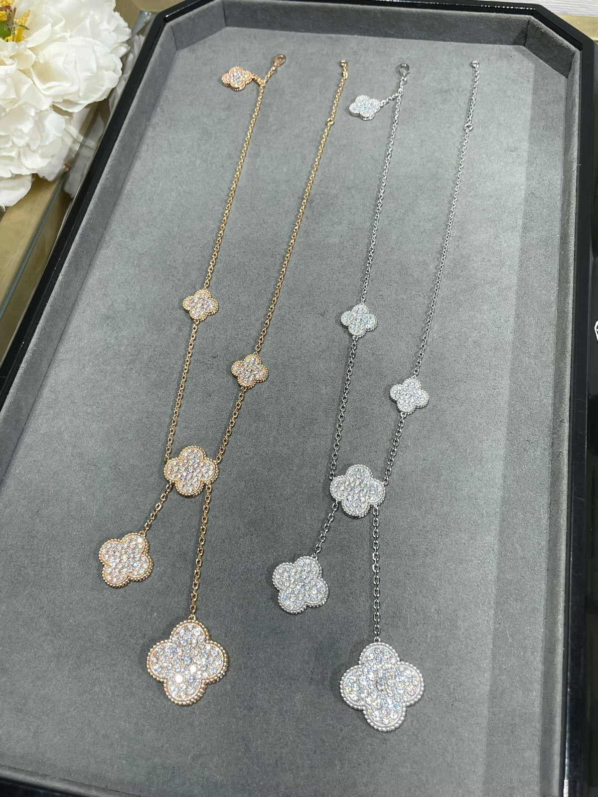 [⭐⭐JeweliWhal]CLOVER 6 MOTIF DIAMOND PAVED NECKLACE