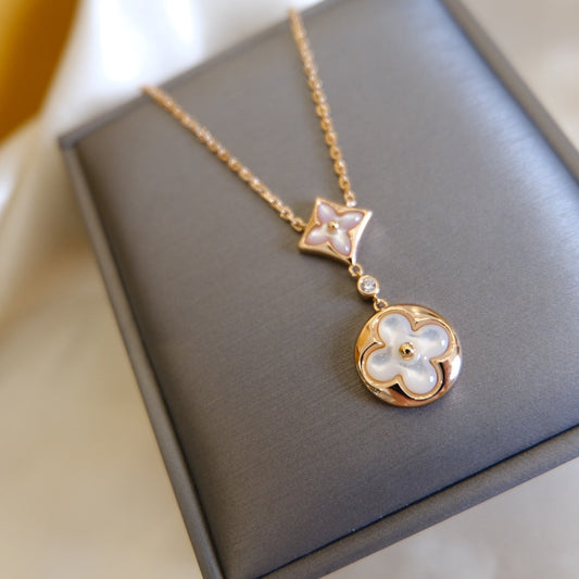 [⭐⭐JeweliWhal]STAR AND SUN WHITE MOP 2 MOTIF PINK GOLD NECKLACE