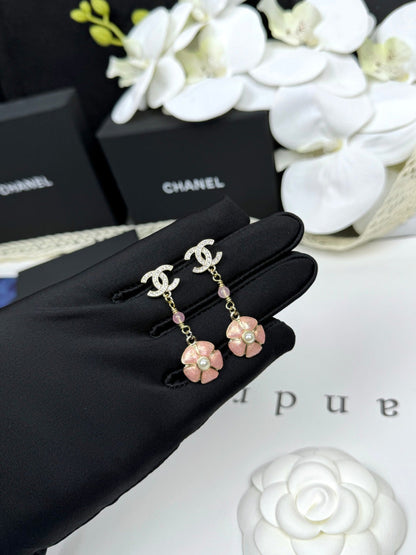[⭐⭐JeweliWhal]26C Pink Camellia Enamel Pendant with Double C Earrings