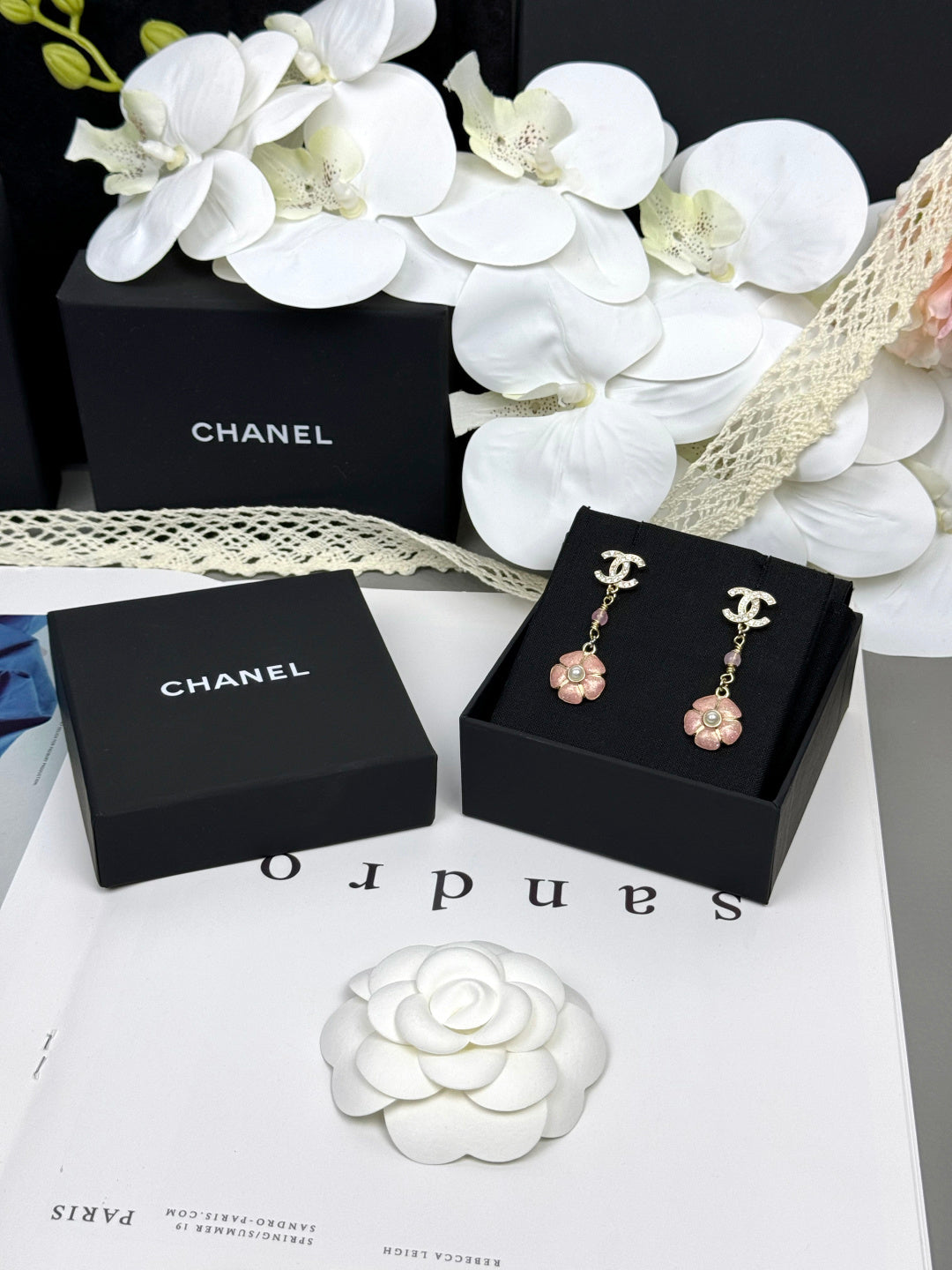 [⭐⭐JeweliWhal]26C Pink Camellia Enamel Pendant with Double C Earrings