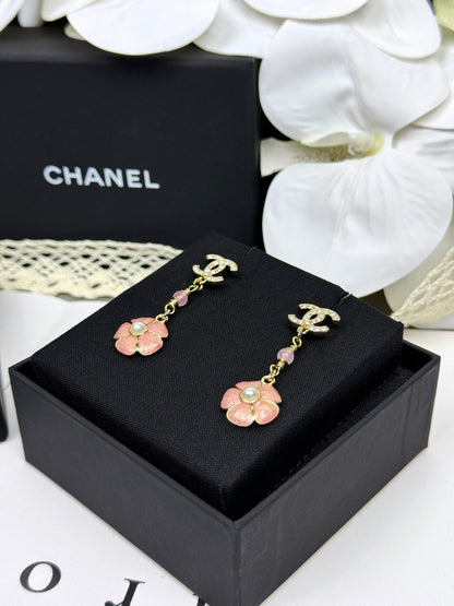 [⭐⭐JeweliWhal]26C Pink Camellia Enamel Pendant with Double C Earrings