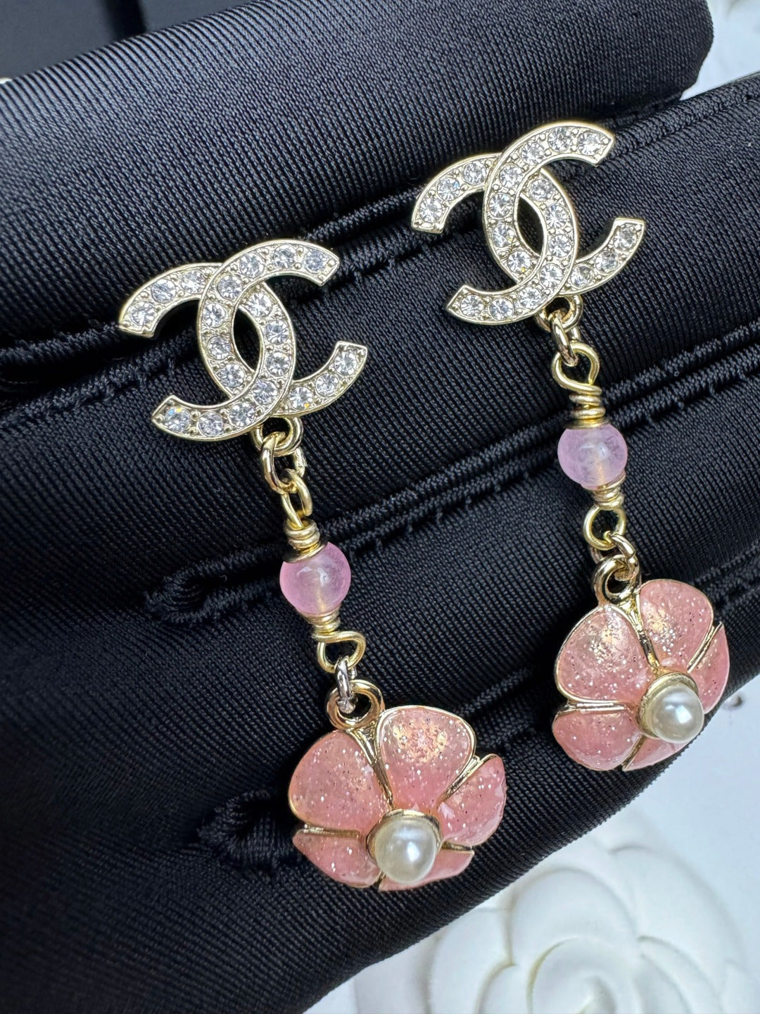 [⭐⭐JeweliWhal]26C Pink Camellia Enamel Pendant with Double C Earrings