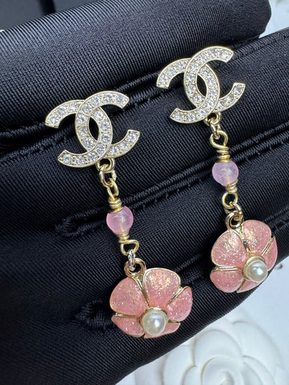 [⭐⭐JeweliWhal]26C Pink Camellia Enamel Pendant with Double C Earrings