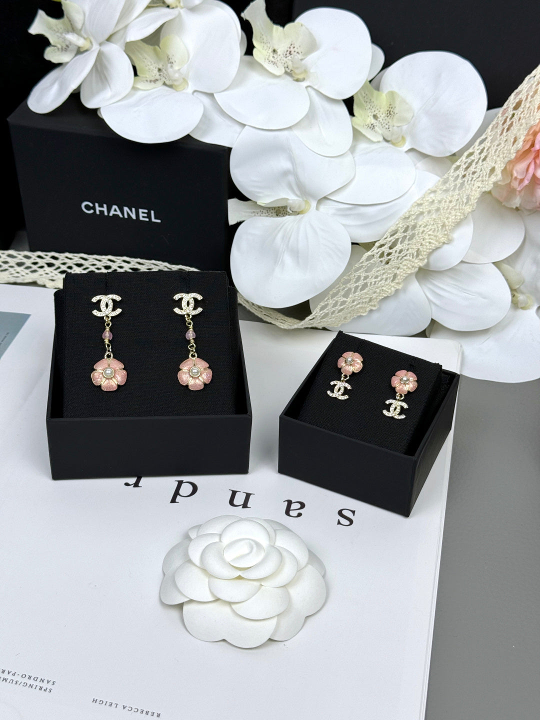 [⭐⭐JeweliWhal]26C Pink Camellia Enamel Pendant with Double C Earrings