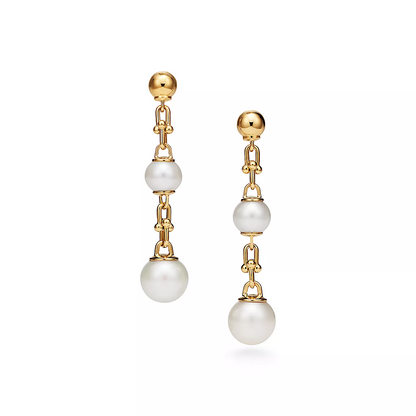 [⭐JeweliWhal]TRIPLE DROP LINK EARRINGS GOLD WITH FRESHWATER PEARLS