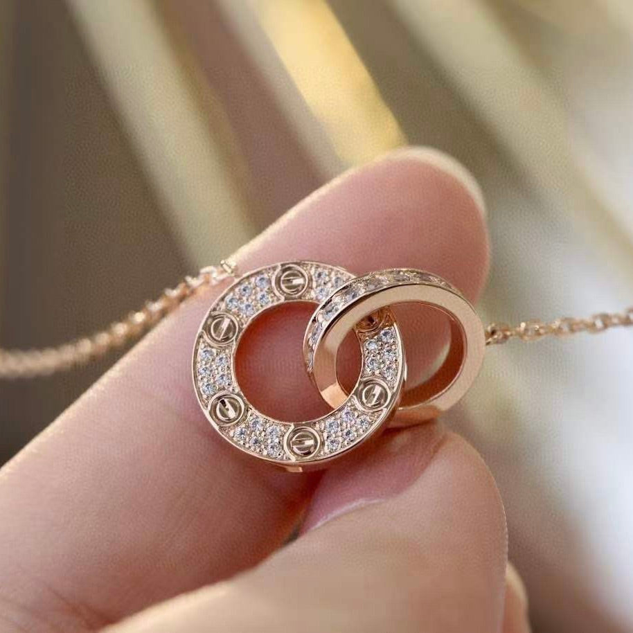 [⭐⭐JeweliWhal]LOVE 7.6MM NECKLACE ROSE GOLD AND SILVER  FULL DIAMOND