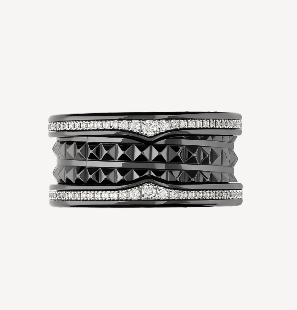 [⭐⭐JeweliWhal]ZERO 1 ROCK FOUR-BAND BLACK CERAMIC WITH STUDDED SPIRAL AND PAVED DIAMONDS RING