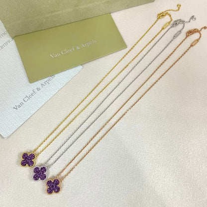 [⭐⭐JeweliWhal]NEW 15MM PURPLE SAND-GOLD FOUR-LEAF CLOVER NECKLACE