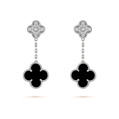 [⭐⭐JeweliWhal]CLOVER 2 MOTIFS  DIAMOND ONYX EARRINGS SILVER
