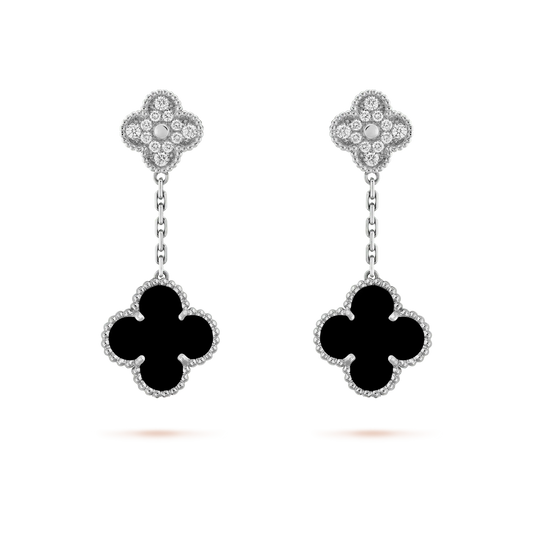 [⭐⭐JeweliWhal]CLOVER 2 MOTIFS  DIAMOND ONYX EARRINGS SILVER