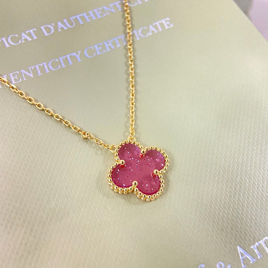 [⭐⭐JeweliWhal]15MM BUBBLE PINK ENAMEL SINGLE-FLOWER FOUR-LEAF CLOVER NECKLACE