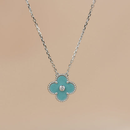 [⭐⭐JeweliWhal]CLOVER 15MM DIAMOND SVRES PORCELAIN  NECKLACE SILVER