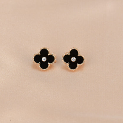 [⭐⭐JeweliWhal]CLOVER MEDIUM 1 MOTIFS ONYX DIAMOND EARRINGS