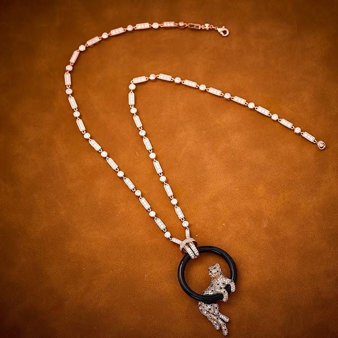 [⭐⭐JeweliWhal jewelrys]NEW BLACK CIRCLE PANTHER FULL DIAMOND NECKLACE
