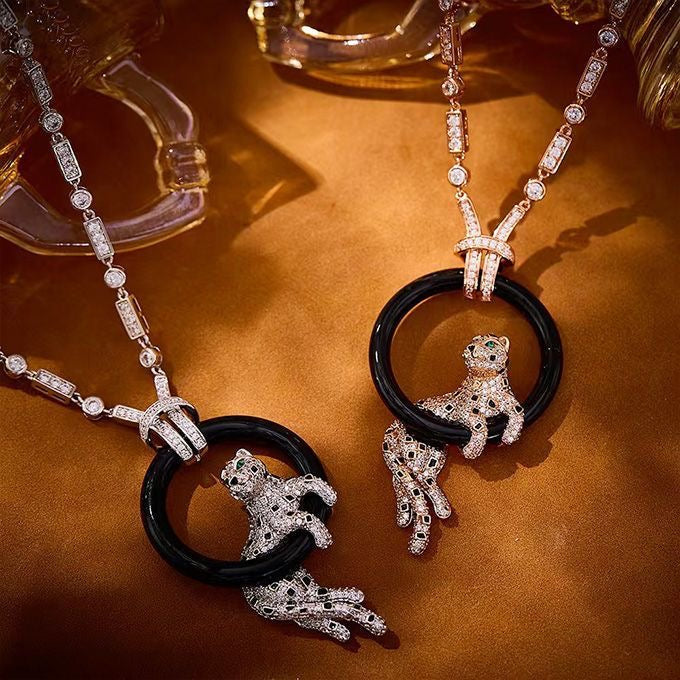[⭐⭐JeweliWhal jewelrys]NEW BLACK CIRCLE PANTHER FULL DIAMOND NECKLACE