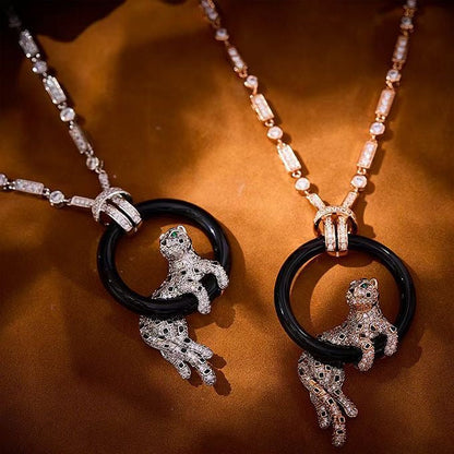 [⭐⭐JeweliWhal jewelrys]NEW BLACK CIRCLE PANTHER FULL DIAMOND NECKLACE