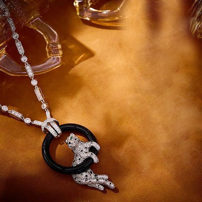 [⭐⭐JeweliWhal jewelrys]NEW BLACK CIRCLE PANTHER FULL DIAMOND NECKLACE