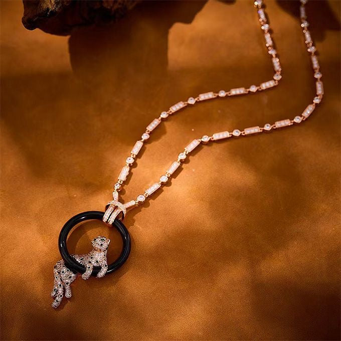 [⭐⭐JeweliWhal jewelrys]NEW BLACK CIRCLE PANTHER FULL DIAMOND NECKLACE