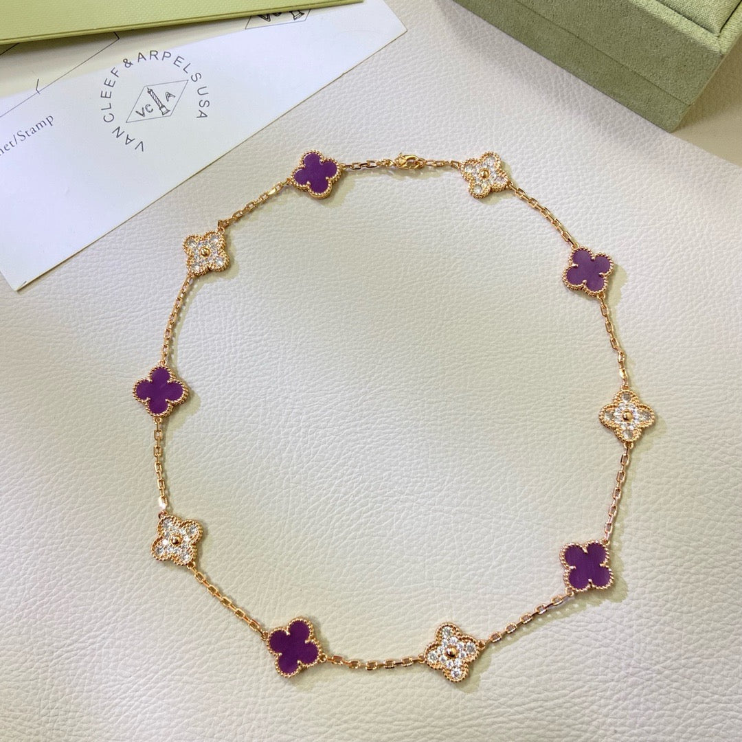 [⭐⭐JeweliWhal Jewelry]CLOVER 10 MOTIFS  PURPLE VIOLET DIAMOND NECKLACE