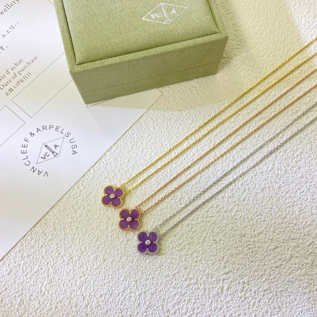 [⭐⭐JeweliWhal Jewelry]CLOVER 15MM DIAMOND  PURPLE VIOLET NECKLACE