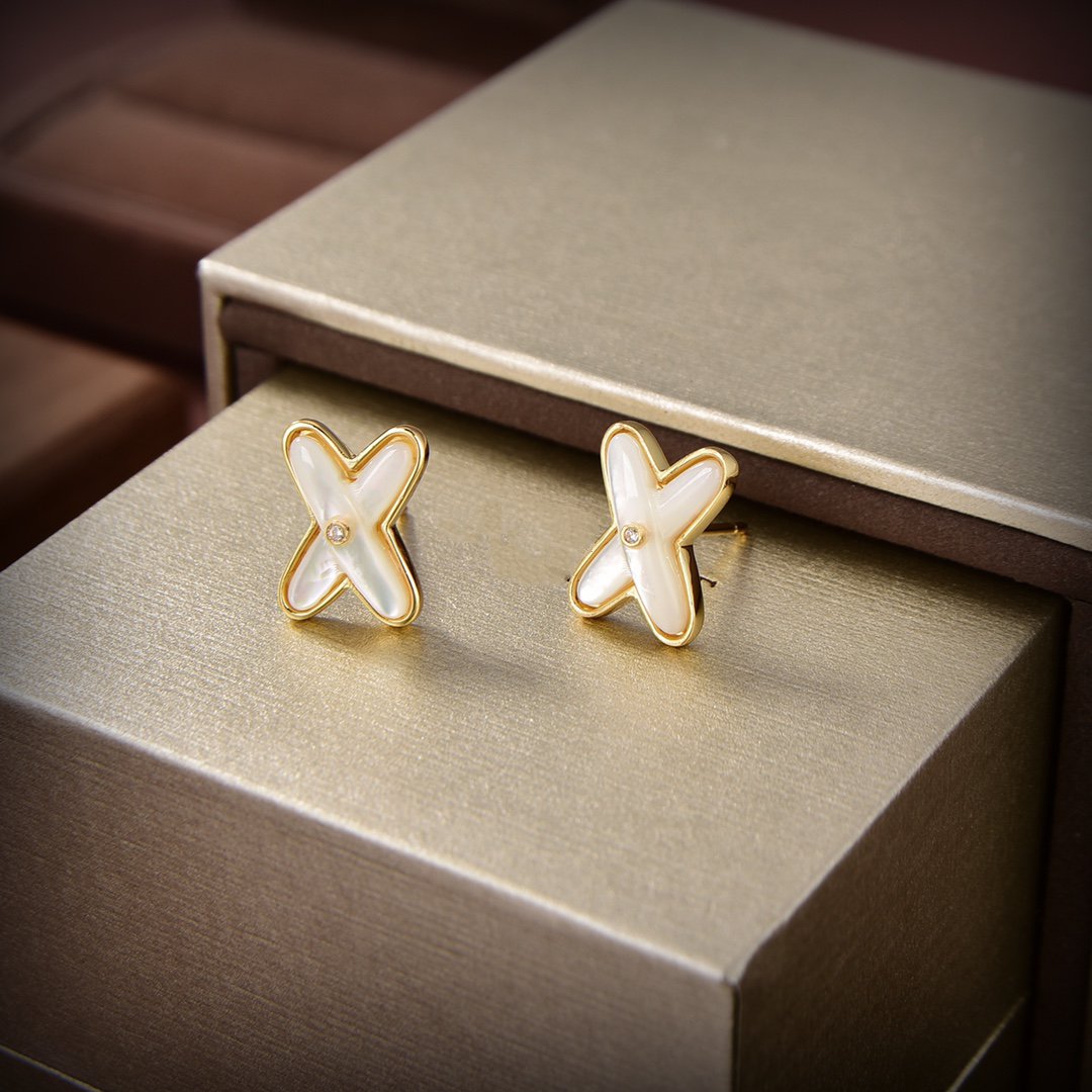 [⭐⭐JeweliWhal]JEUX DE WHITE MOP GOLD DIAMOND EARRINGS