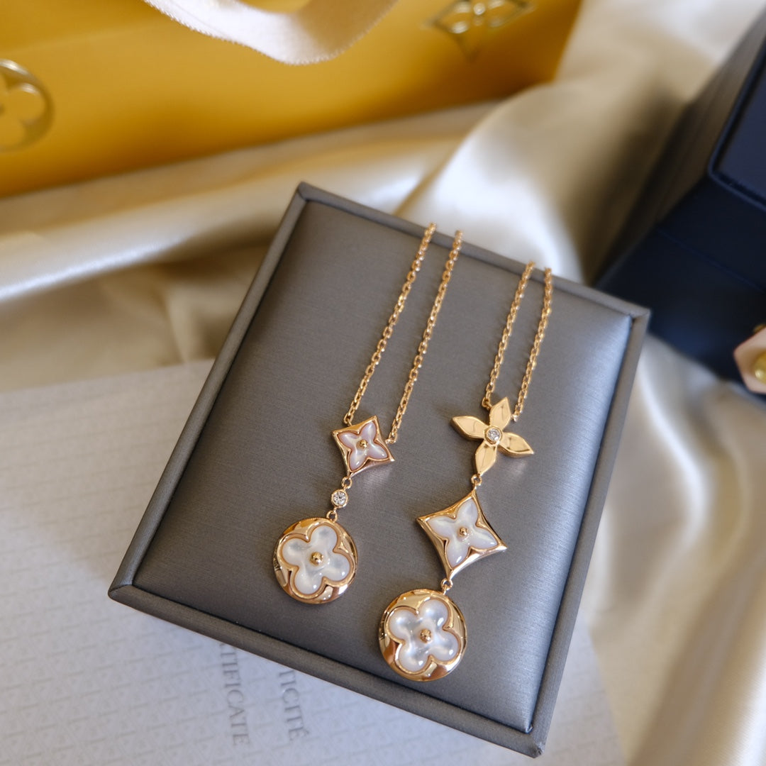 [⭐⭐JeweliWhal]COLOR BLOSSOM LARIAT NECKLACE PINK GOLD WHITE MOTHER PEARL AND DIAMOND