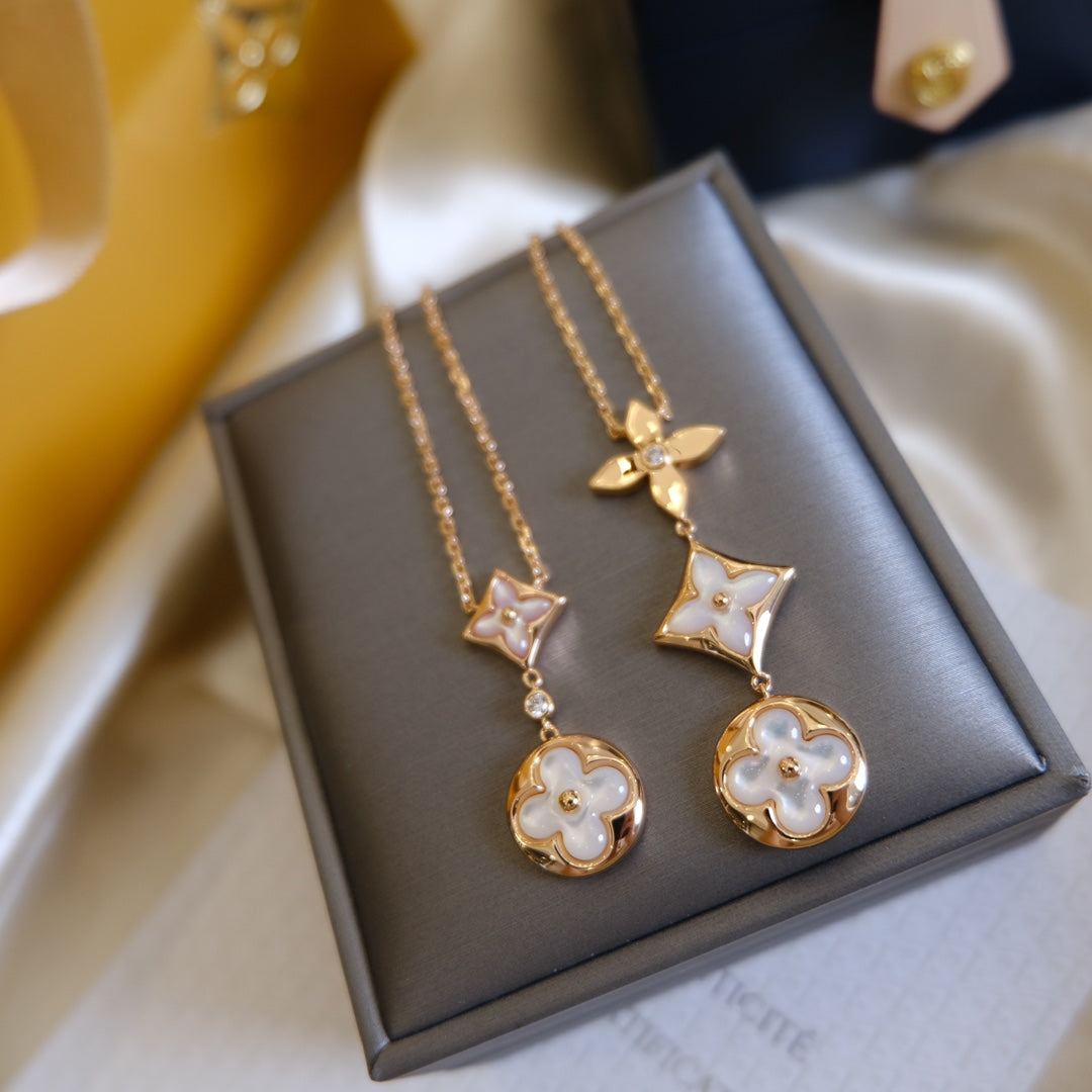 [⭐⭐JeweliWhal]COLOR BLOSSOM LARIAT NECKLACE PINK GOLD WHITE MOTHER PEARL AND DIAMOND