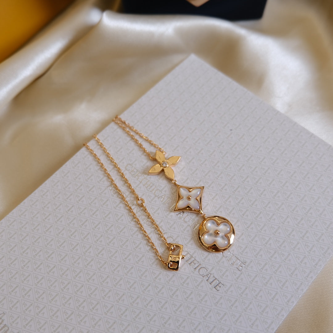 [⭐⭐JeweliWhal]COLOR BLOSSOM LARIAT NECKLACE PINK GOLD WHITE MOTHER PEARL AND DIAMOND