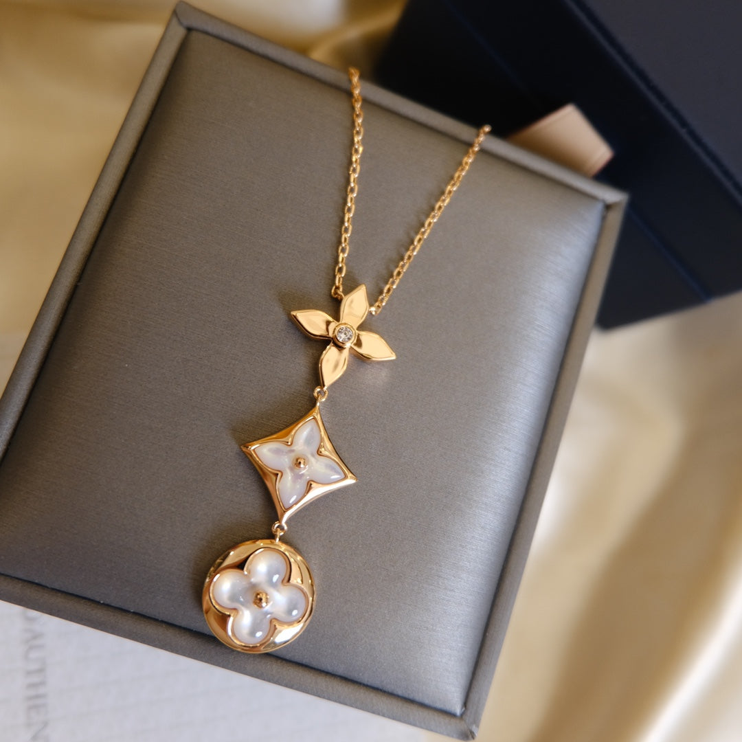 [⭐⭐JeweliWhal]COLOR BLOSSOM LARIAT NECKLACE PINK GOLD WHITE MOTHER PEARL AND DIAMOND