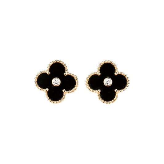 [⭐⭐JeweliWhal]CLOVER MEDIUM 1 MOTIFS ONYX DIAMOND EARRINGS
